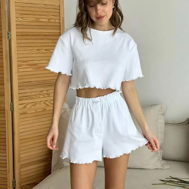 Ruffled Short Sleeve Suit Summer Elastic band Shorts And Round Neck Cropped Top Fashion Women's Clothing White - Shop at LoveMi