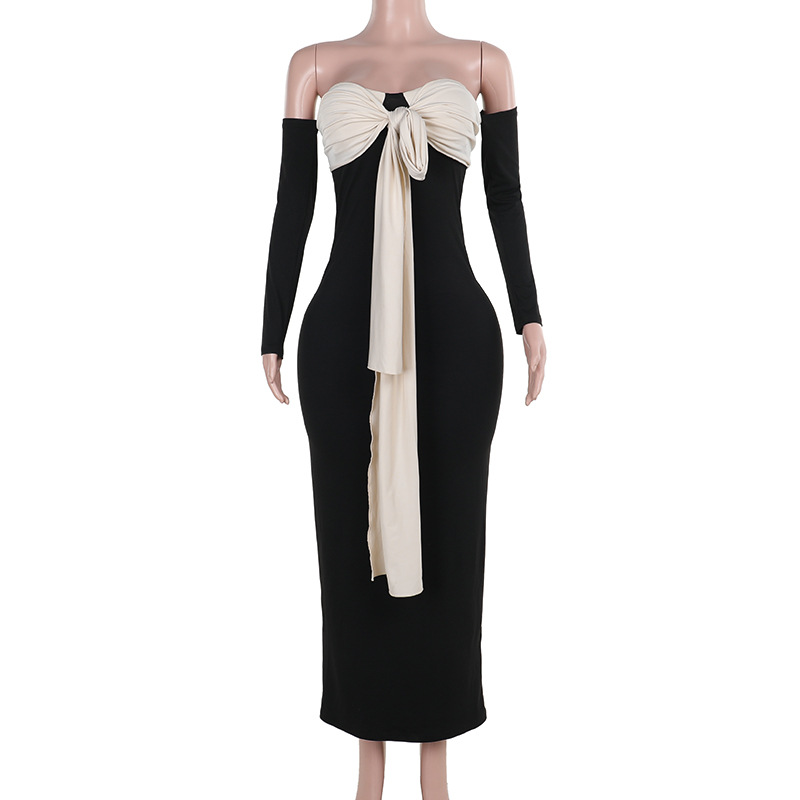 Color Matching Lace Up Off shoulder Bandeau Slim fit Dress Black - Shop at LoveMi