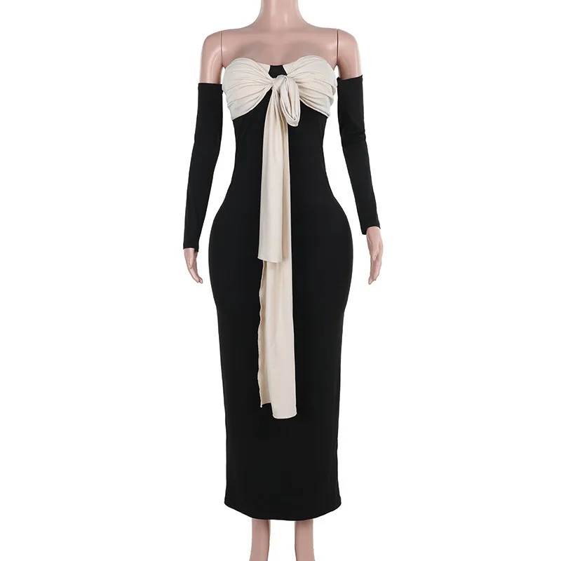 Color Matching Lace Up Off-shoulder Bandeau Slim-fit Dress - Black