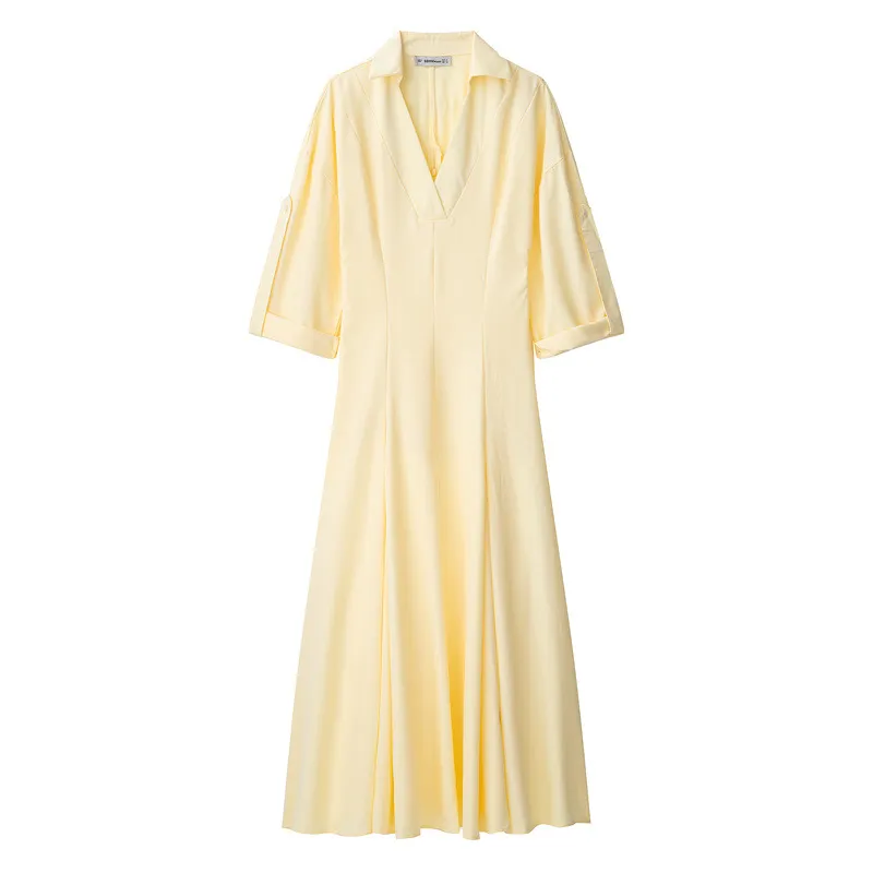 Lapel Shirt Trench Coat Dress - Yellow