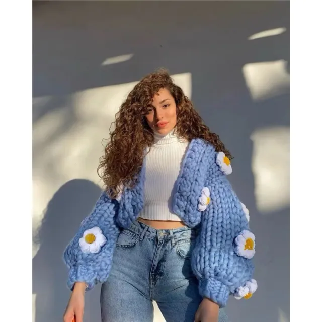 Handmade Three dimensional Flower Lantern Sleeve Loose Sweater Coat Blue - Shop at LoveMi