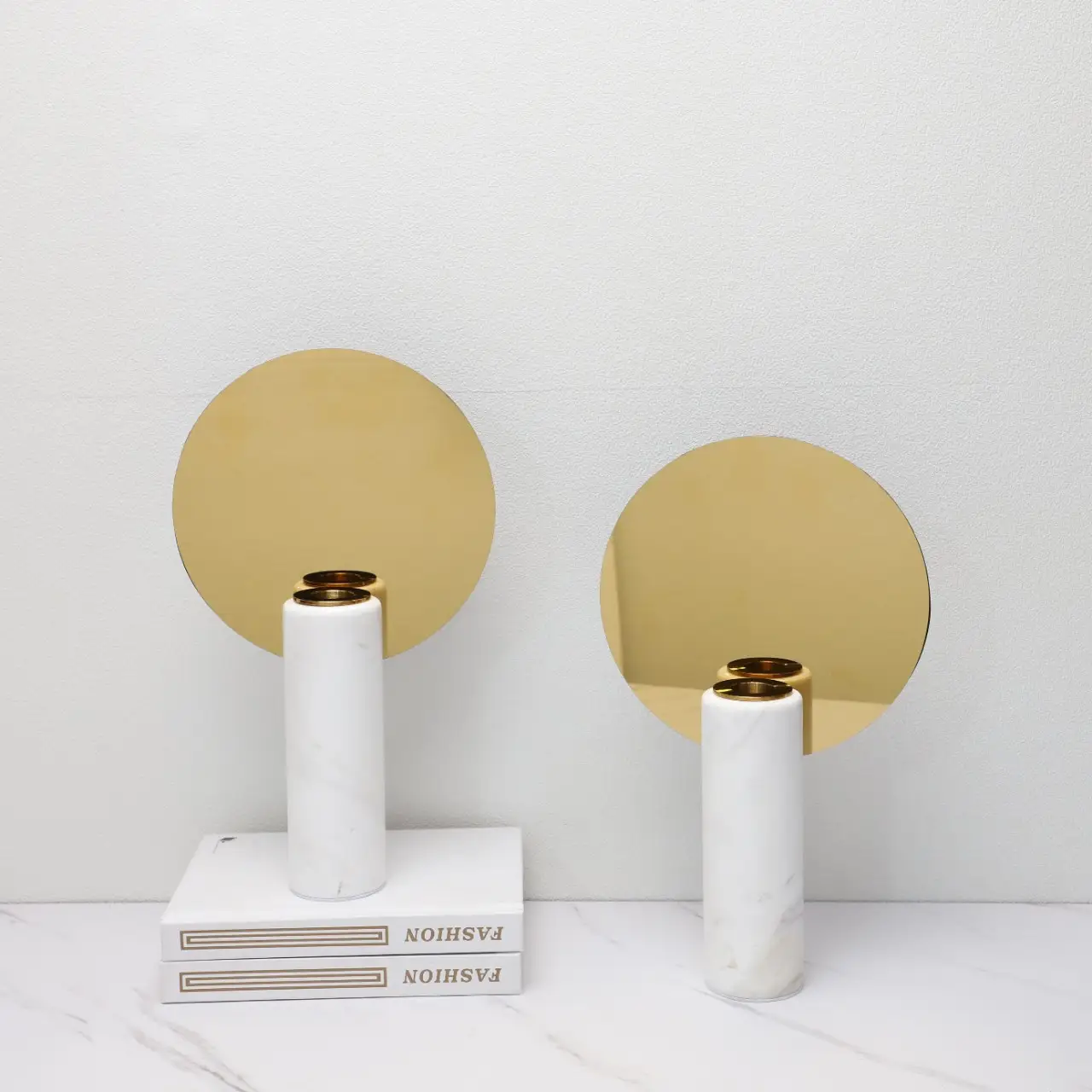 Sleek Gold Marble Metal Round Mirror Candle Holder