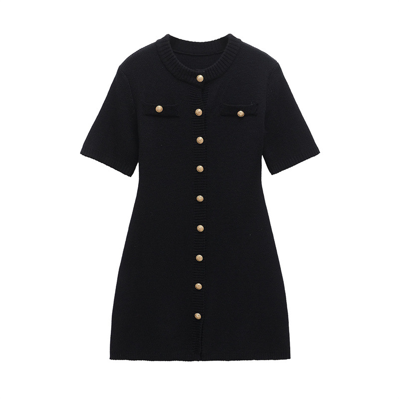 Dress Women's European And American Style Round Neck Knitted Short Sleeve Design Sense Minority All match Black - Shop at LoveMi