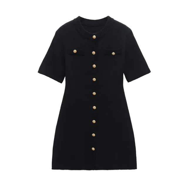 Dress Women's European And American Style Round Neck Knitted Short Sleeve Design Sense Minority All match Black - Shop at LoveMi