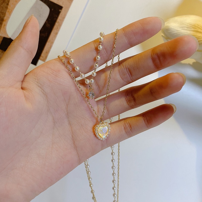Pearl Double Layer Opal Heart Necklace