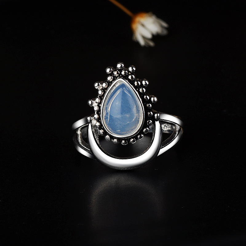 Retro Diamonds Crescent Moon Moonstone Marcasite Ring