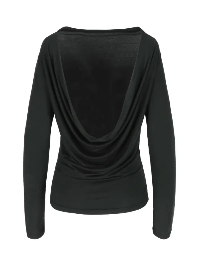 Loose Long Sleeve Solid Color Stacked Neck Pullover Top Black - Shop at LoveMi
