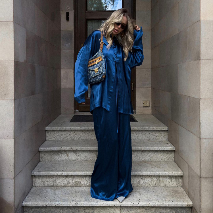 Dark Blue Satin Lapel Long Sleeve Lace-up Shirt And Trousers Two-piece Set