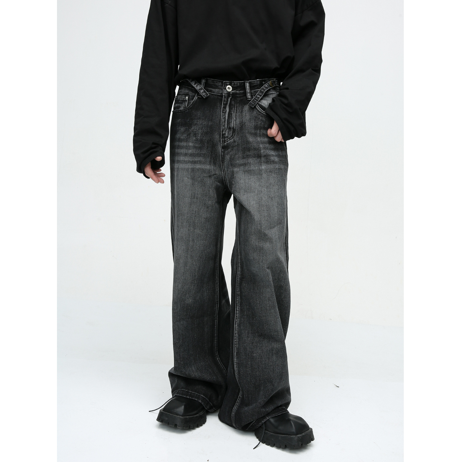 New American High Street Pu Handsome Mop Straight Loose Jeans