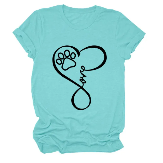 Dog Print Heart Printing Round Neck Short Sleeve Women's Clothing Deep Water Blue Black Font - Shop at LoveMi