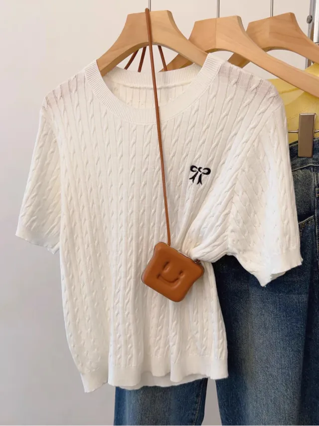 Twist Round Neck Embroidered Short sleeved T shirt Short Inner Sweater White - Shop at LoveMi