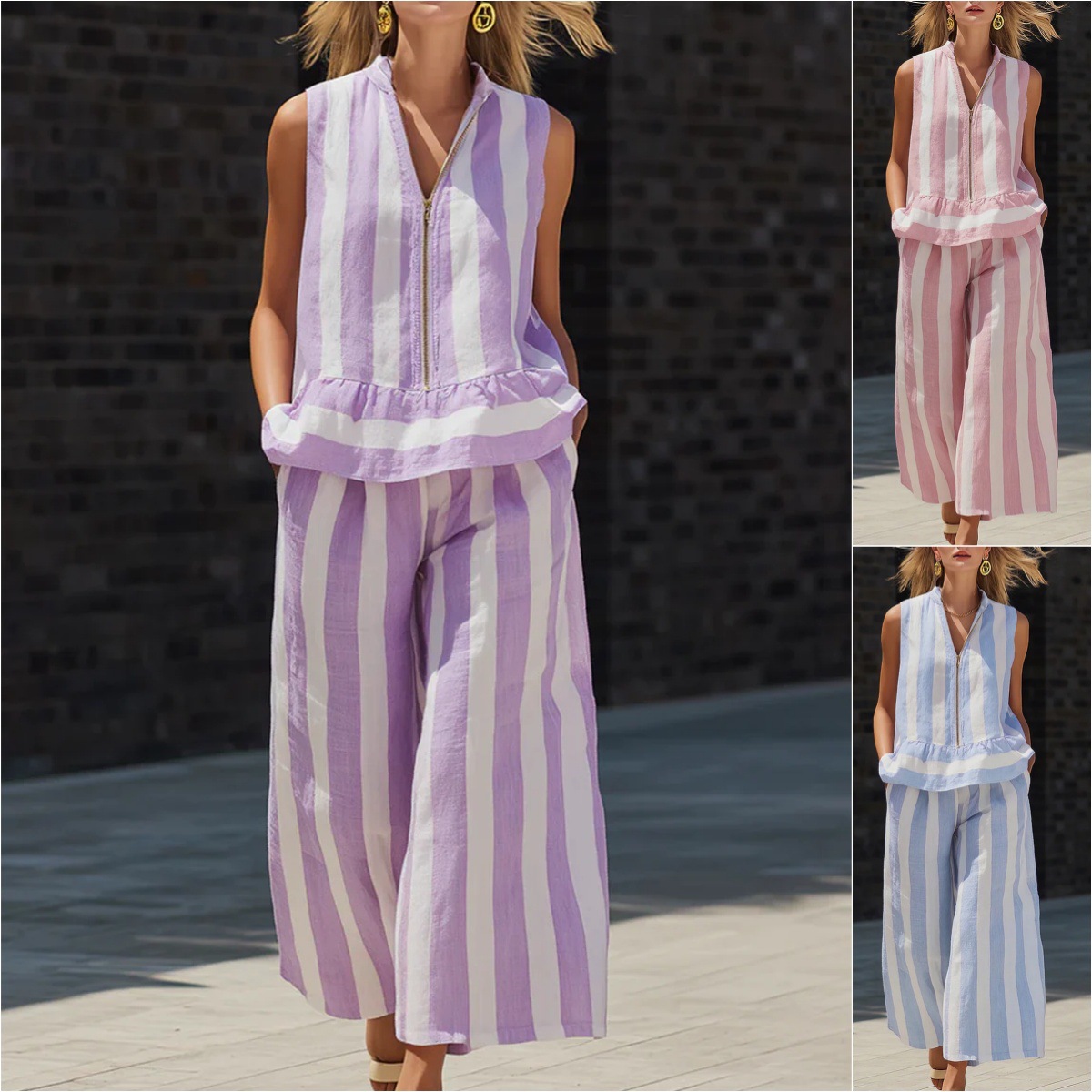Zip-up Stand-up Collar Shirt And Sleeveless Striped Trousers Two-piece Set