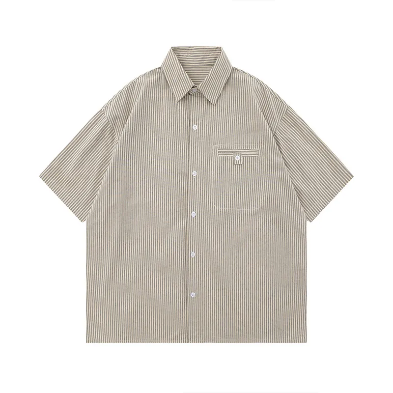 Japanese-style Retro Striped Short Sleeve Shirt Couple Shirt - Apricot
