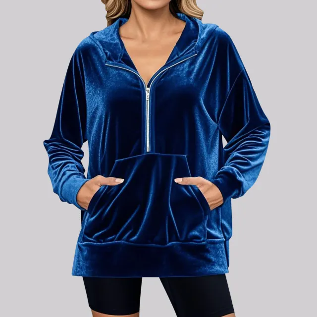 Loose Long Sleeve Zipper Pocket Pleuche Top Women Blue - Shop at LoveMi