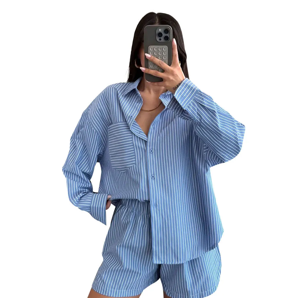 Striped Cardigan And Long-Sleeve Womens Shirt Set - Blue