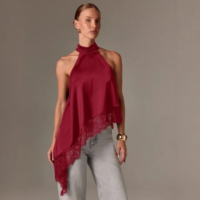 Womens Sleeveless Lace Trimmed Asymmetrical Halterneck Satin Vest Red - Shop at LoveMi
