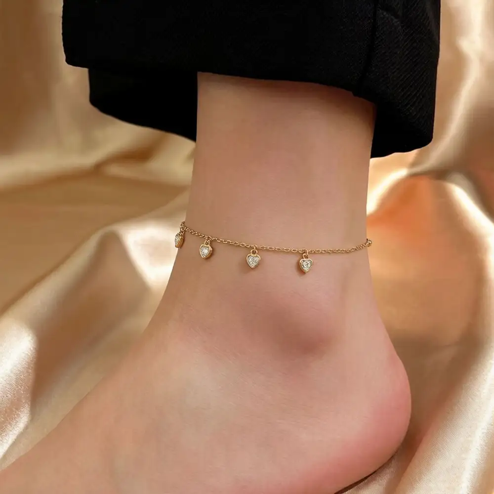 Womens Titanium Steel Heart-Shaped Pendant Anklet