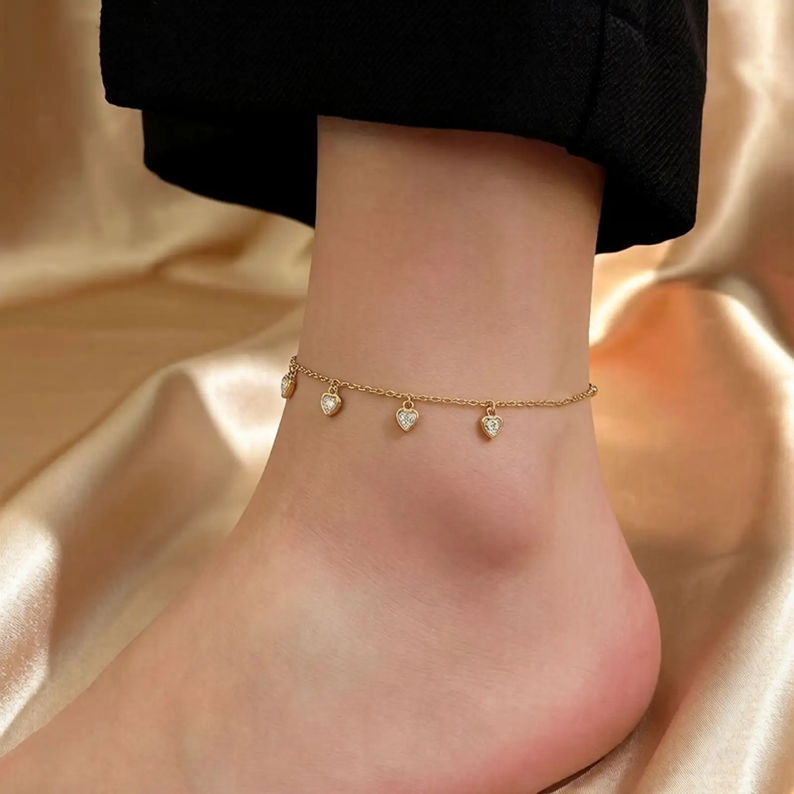 Womens Titanium Steel Heart-Shaped Pendant Anklet