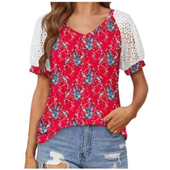 V-neck Lace Stitching Casual T-shirt For Women - Printing Seven-S - View 1