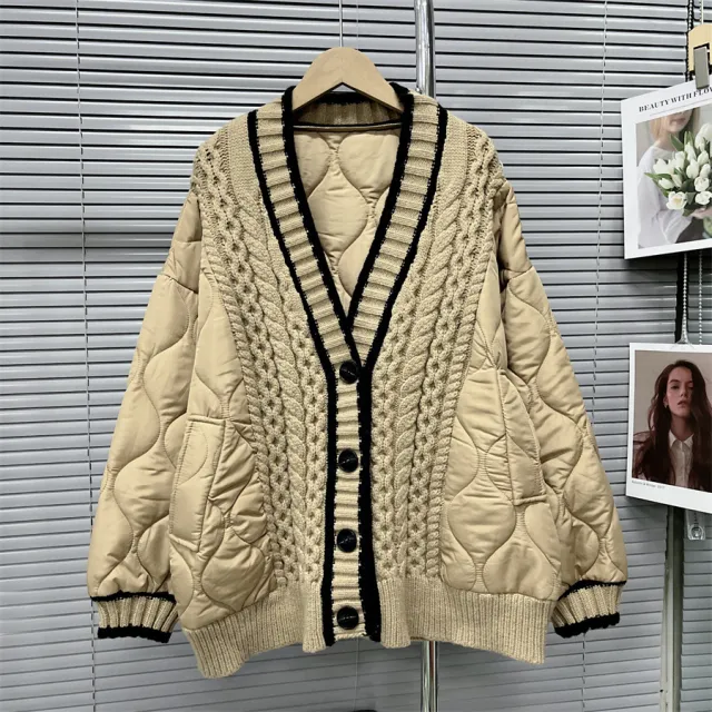 Lazy style thickened V neck knitted cardigan top Khaki - Shop at LoveMi