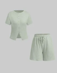 Women's Sexy Slim-fit Short Sleeve Blouse And Pants - Yellow Green - View 1