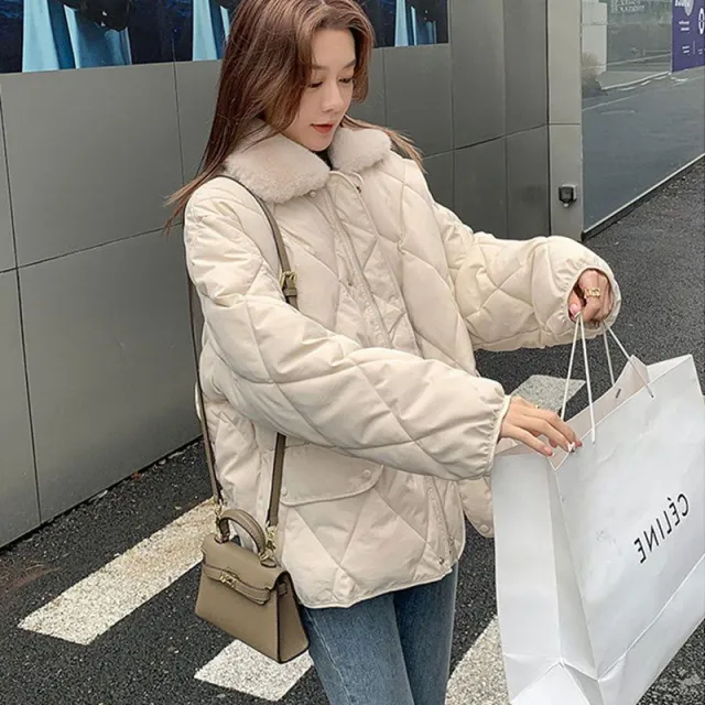 Loose Rhombus Bread Coat Stitching Fur Collar Warm Thickened Cotton padded Jacket Coat For Women Apricot - Shop at LoveMi