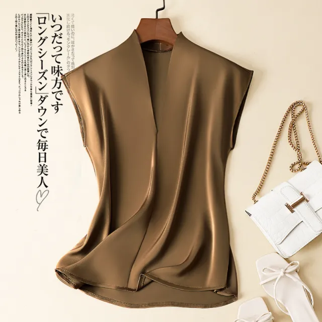 Silk V neck Shirt Western Style Loose Sleeveless T shirt Coffee Color - Shop at LoveMi