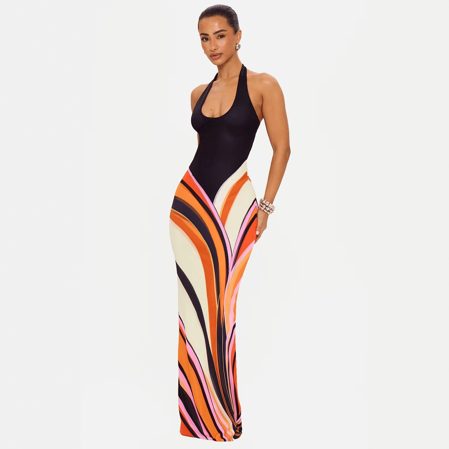 European And American-style Halter Multicolor Long Dress Sexy And Figure-hugging