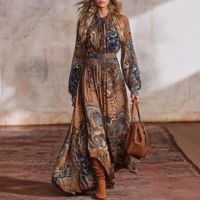 Bohemian print Long sleeve Figure flattering Dress With Balloon Sleeves Camel - Shop at LoveMi