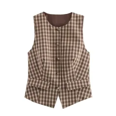 New Plaid Sleeveless Round Neck Slim Vest Top - Top - View 1