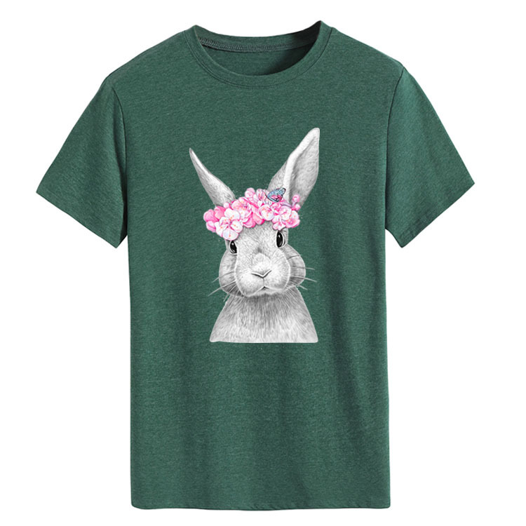 Rabbit Printed Short Sleeve Round Neck Fashion Women's T shirt Green - Shop at LoveMi