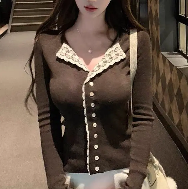 Pure And Alluring Faux Two-piece Lace-and-knit Cardigan