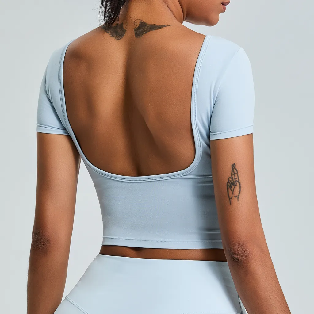 Sexy Beauty Back Yoga Clothes Short Sleeve Tight Quick-drying Exercise T-shirt - Blue
