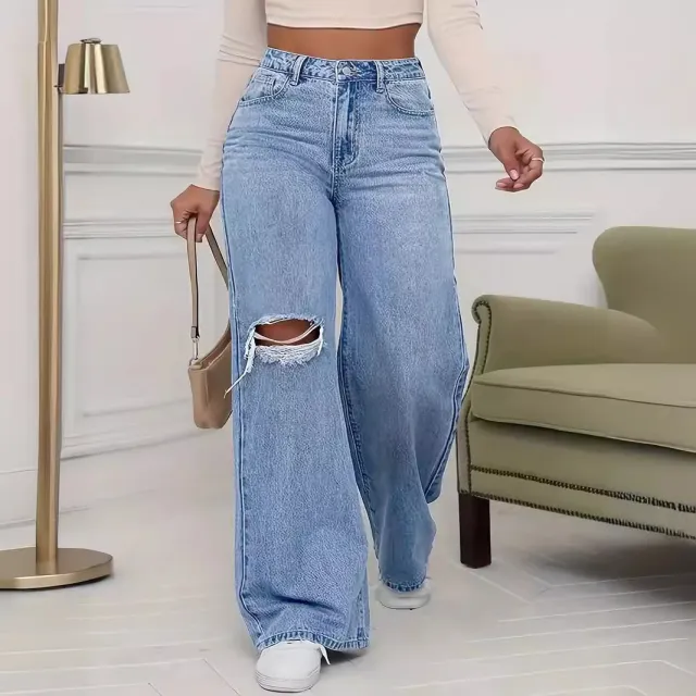Women's Ripped Wide legged Jeans Light Blue - Shop at LoveMi