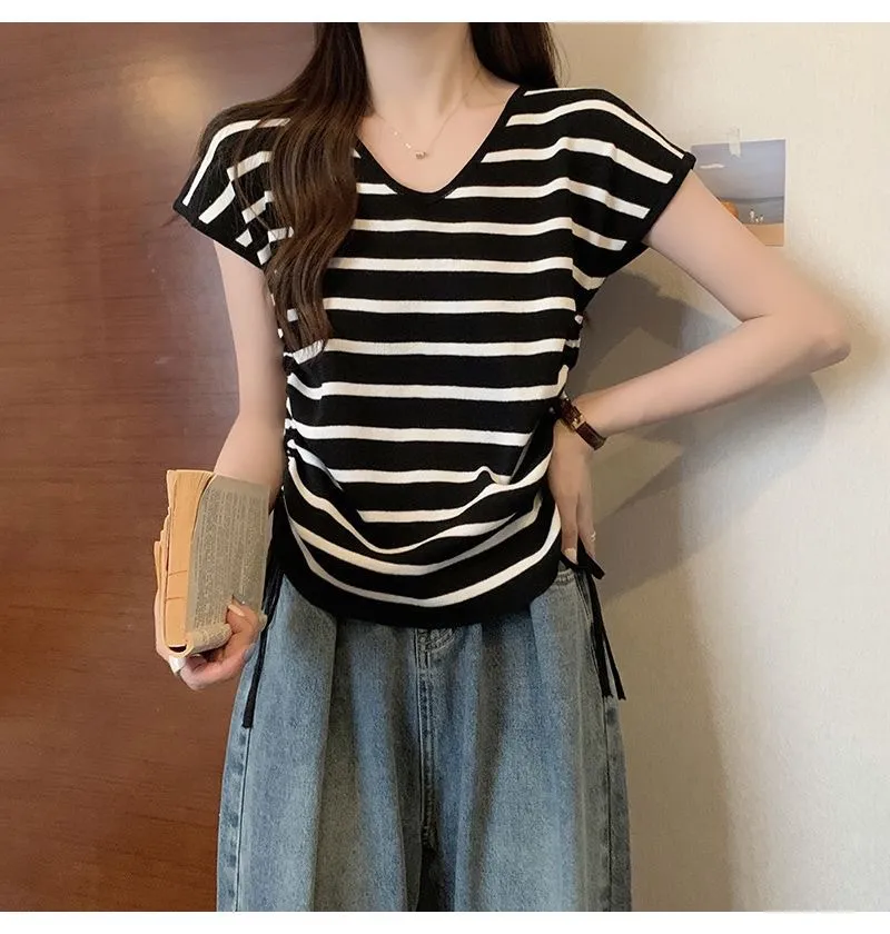 Summer Thin Striped Slim-fit All-matching Short Top For Women - Black Stripes