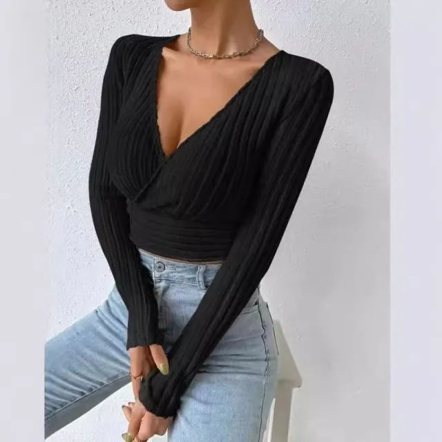 Short Deep V neck Slim fit Long Sleeve Knitted Sweater Black - Shop at LoveMi