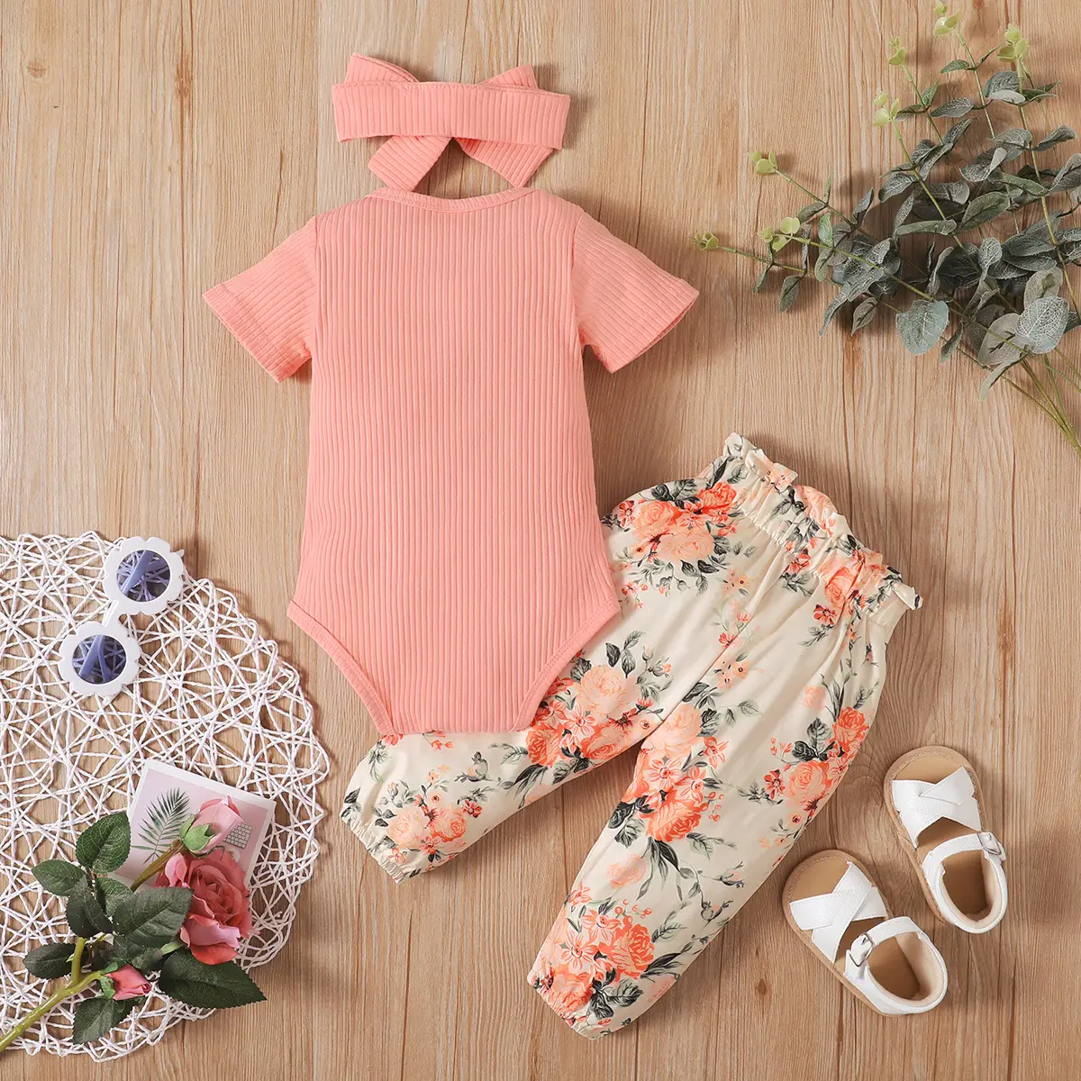 Infant Sunken Stripe Short Sleeve Tight Romper And Printed Trousers Suit
