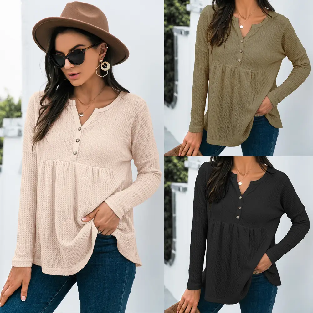 Women's Button Waffle Loose Long Sleeve Top