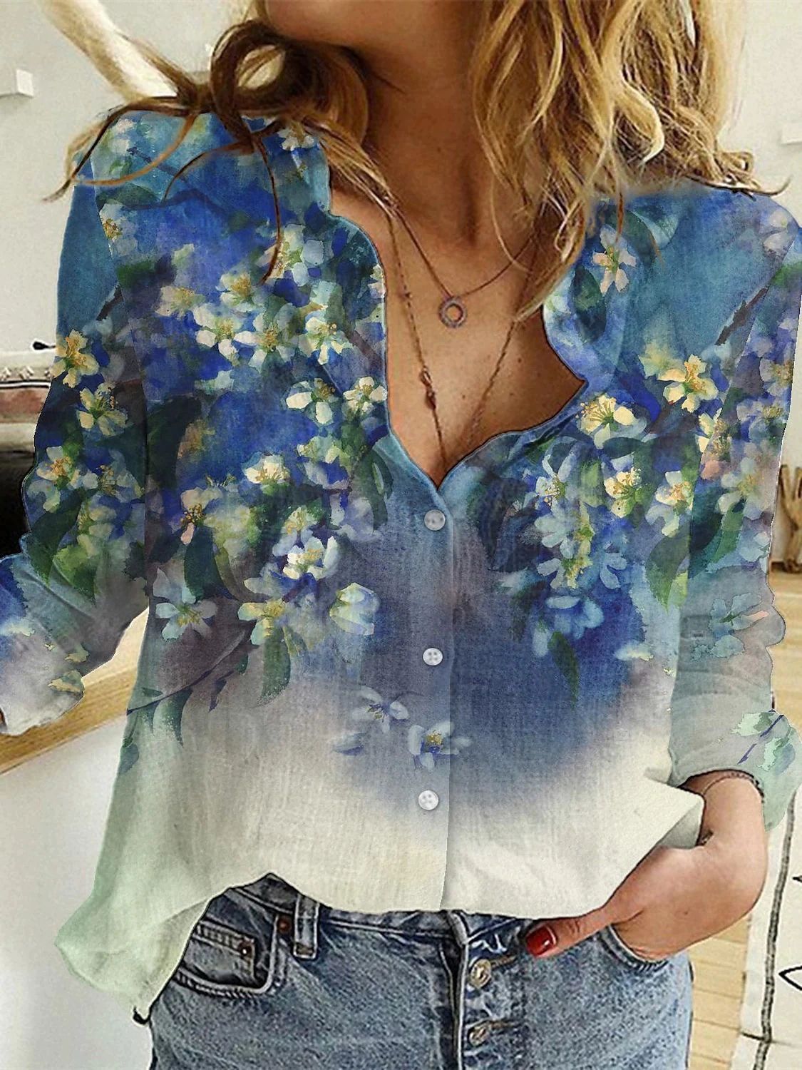 Women's Summer Shirt Digital Printing Plant Flower Pattern