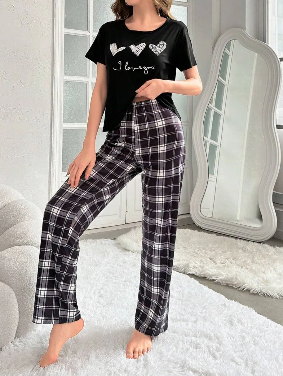 Home Round Neck Printed Short Sleeve T-shirt Top And Trousers Suit - Floral