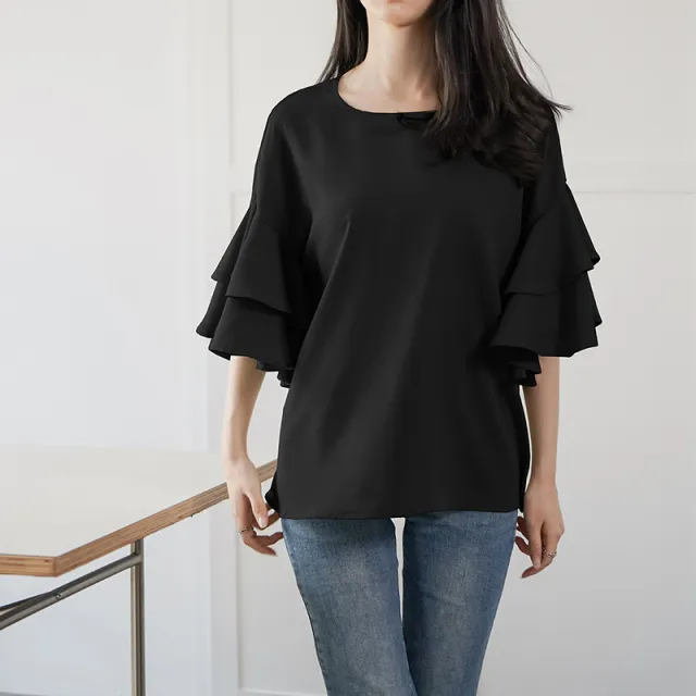 Women's Double layer Ruffle Sleeve Round Neck Shirt Black - Shop at LoveMi