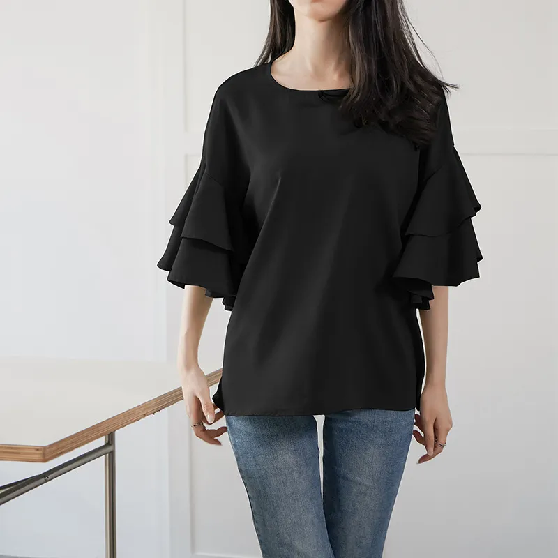 Women's Double-layer Ruffle Sleeve Round Neck Shirt - Black