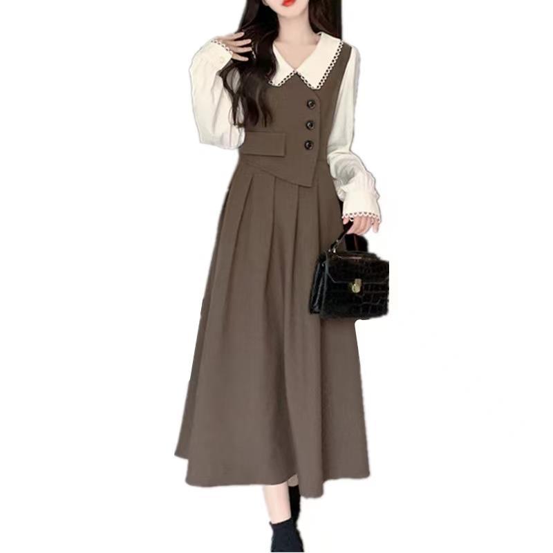 Womens French-Style Retro Patchwork Mock Two-Piece Dress - Image 4
