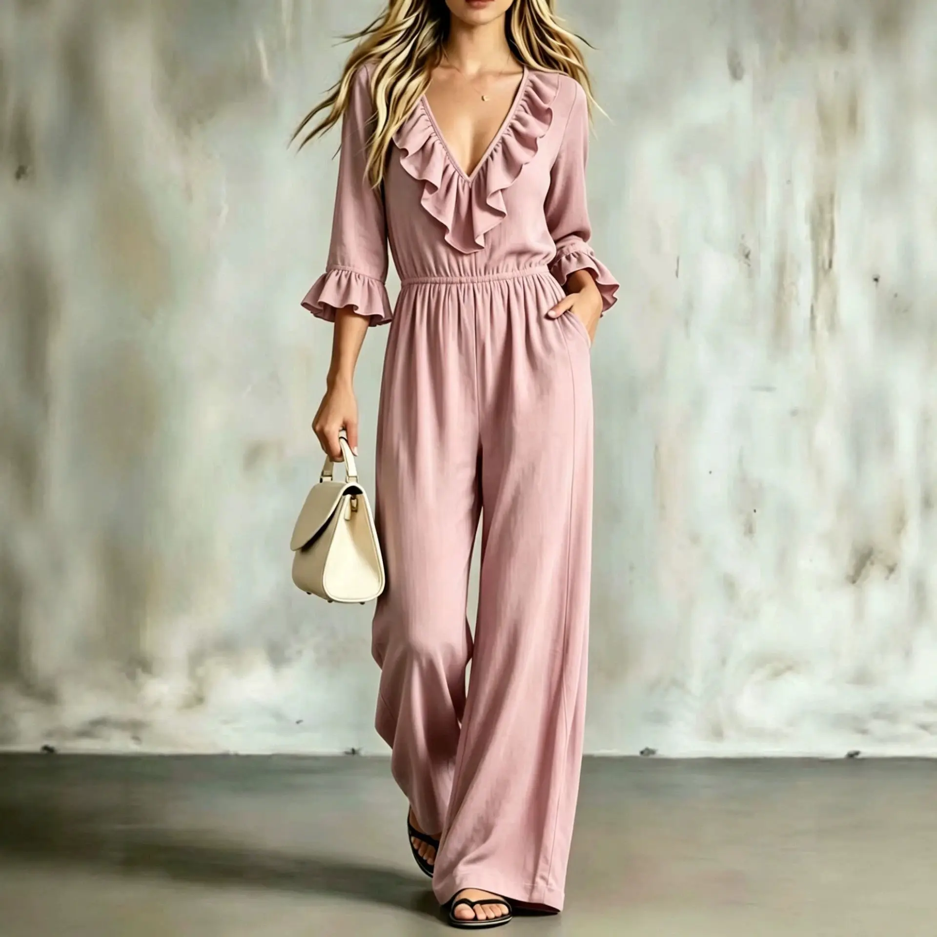 Casual V-neck Ruffled Flared-sleeve Elastic Jumpsuit