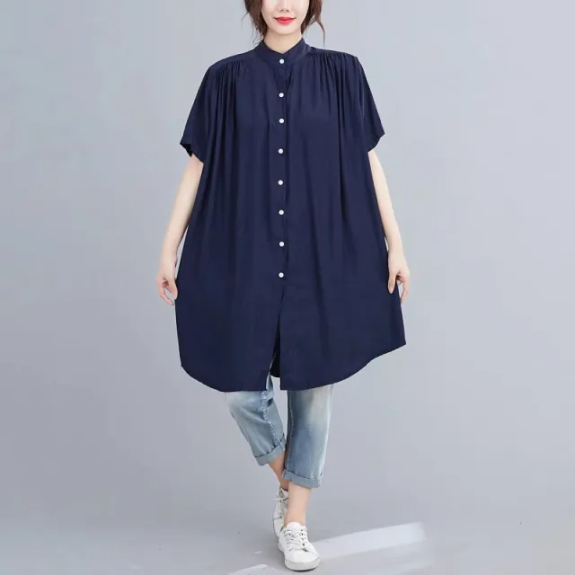 Women's Mid length Short Sleeve Breasted Stand Collar Irregular Shirt Navy Blue - Shop at LoveMi