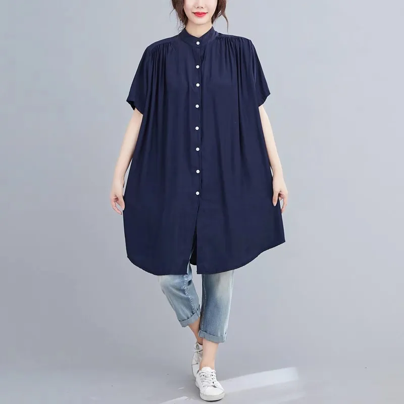 Women's Mid-length Short Sleeve Breasted Stand Collar Irregular Shirt - Navy Blue