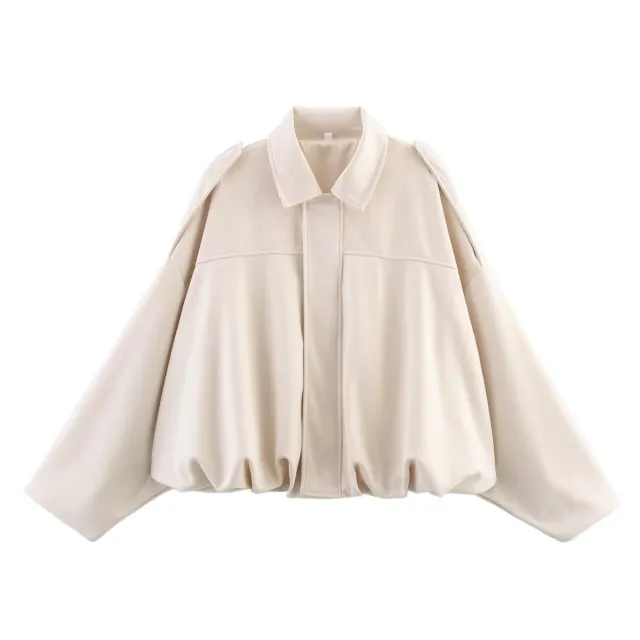 Pilot Jacket Batwing Sleeve Zipper Casual Top Beige - Shop at LoveMi