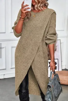 Women's Knitted Long Dress And Coat - Khaki - View 1