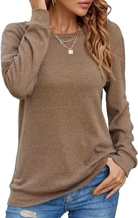 European And American Style Women Long Sleeve Shirt Solid Color Round Neck Coat Caramel Color M - Shop at LoveMi
