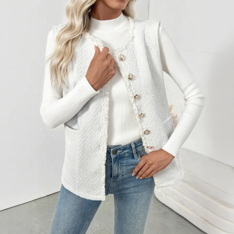 Solid Color High Class Elegant Elegant Cardigan Vest Coat For Women - White